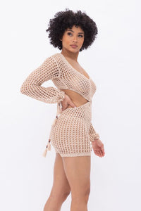 Long Sleeve Crochet Romper W/ Front Cut Outs - Nude - SohoGirl.com
