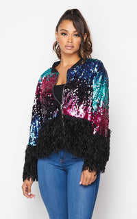 Shaggy Faux Fur and Multicolor Sequin Jacket - SohoGirl.com