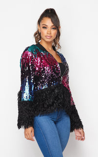 Shaggy Faux Fur and Multicolor Sequin Jacket - SohoGirl.com