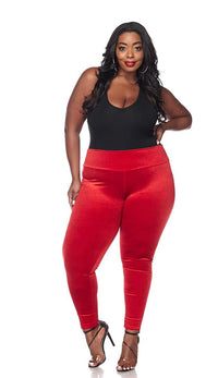 Plus Size High Waisted Velvet Leggings - Red - SohoGirl.com