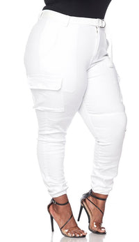 Plus Size Belted Cargo Jogger Pants - White - SohoGirl.com