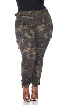 Plus Size Belted Olive Camouflage Cargo Jogger Pants - SohoGirl.com