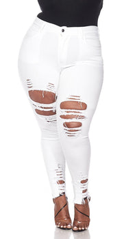 Plus Size Distressed Ankle High Waisted Skinny Jeans - White - SohoGirl.com