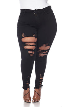 Plus Size Distressed Ankle High Waisted Skinny Jeans - Black - SohoGirl.com
