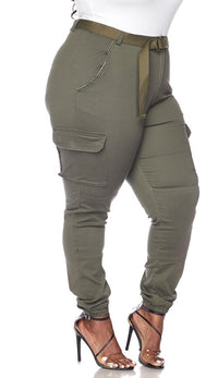 Plus Size Belted Cargo Jogger Pants in Olive - SohoGirl.com
