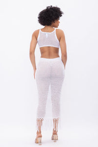 Spaghetti Strap Crocket Maxi Dress W/ Front Cut Outs & Fringes - White - SohoGirl.com