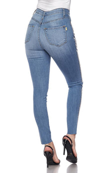 Rhinestone Stripe High Waisted Denim Skinny Jeans - SohoGirl.com