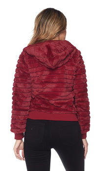 Ribbed Faux Fur Hooded Jacket - Burgundy - SohoGirl.com