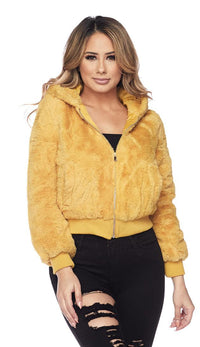 Plush Faux Fur Ultra Soft Hooded Jacket - Mustard - SohoGirl.com