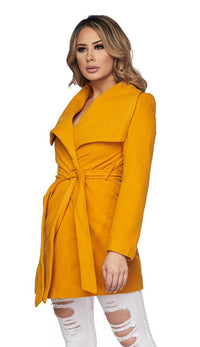 Long Sleeve Belted Wool Trench Coat - Mustard - SohoGirl.com