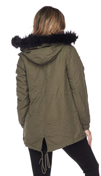 Faux Fur Trim Hooded Parka Coat - Olive-Black - SohoGirl.com