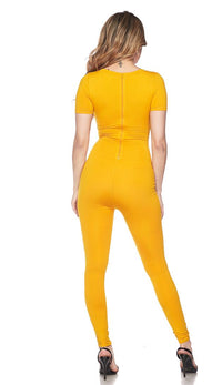 Short Sleeve Zippered Basic Unitard - Mustard - SohoGirl.com