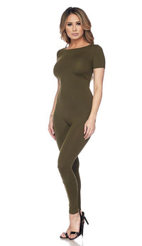 Short Sleeve Zippered Basic Unitard - Olive - SohoGirl.com