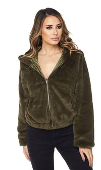 Olive Plush Faux Fur Hooded Bomber Jacket - SohoGirl.com
