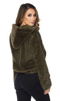 Olive Plush Faux Fur Hooded Bomber Jacket - SohoGirl.com