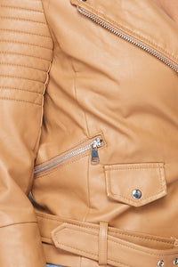 Biker Detail Faux Leather Jacket - Beige - SohoGirl.com