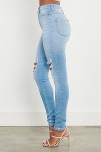High Waisted Distressed Knee Skinny Jeans - Light Denim - SohoGirl.com