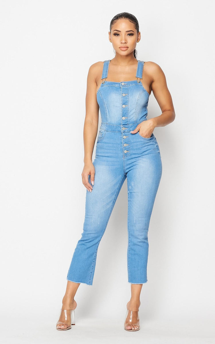 Button Up Long Overalls in Light Blue – SohoGirl.com