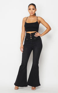 Belted Waist Bell Bottom Jeans - Black - SohoGirl.com