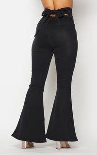 Belted Waist Bell Bottom Jeans - Black - SohoGirl.com