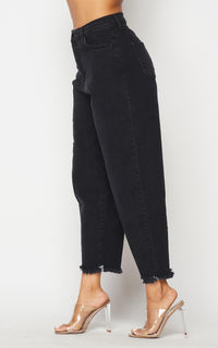 Vibrant Frayed Slouchy Denim Mom Jeans - Vintage Black - SohoGirl.com