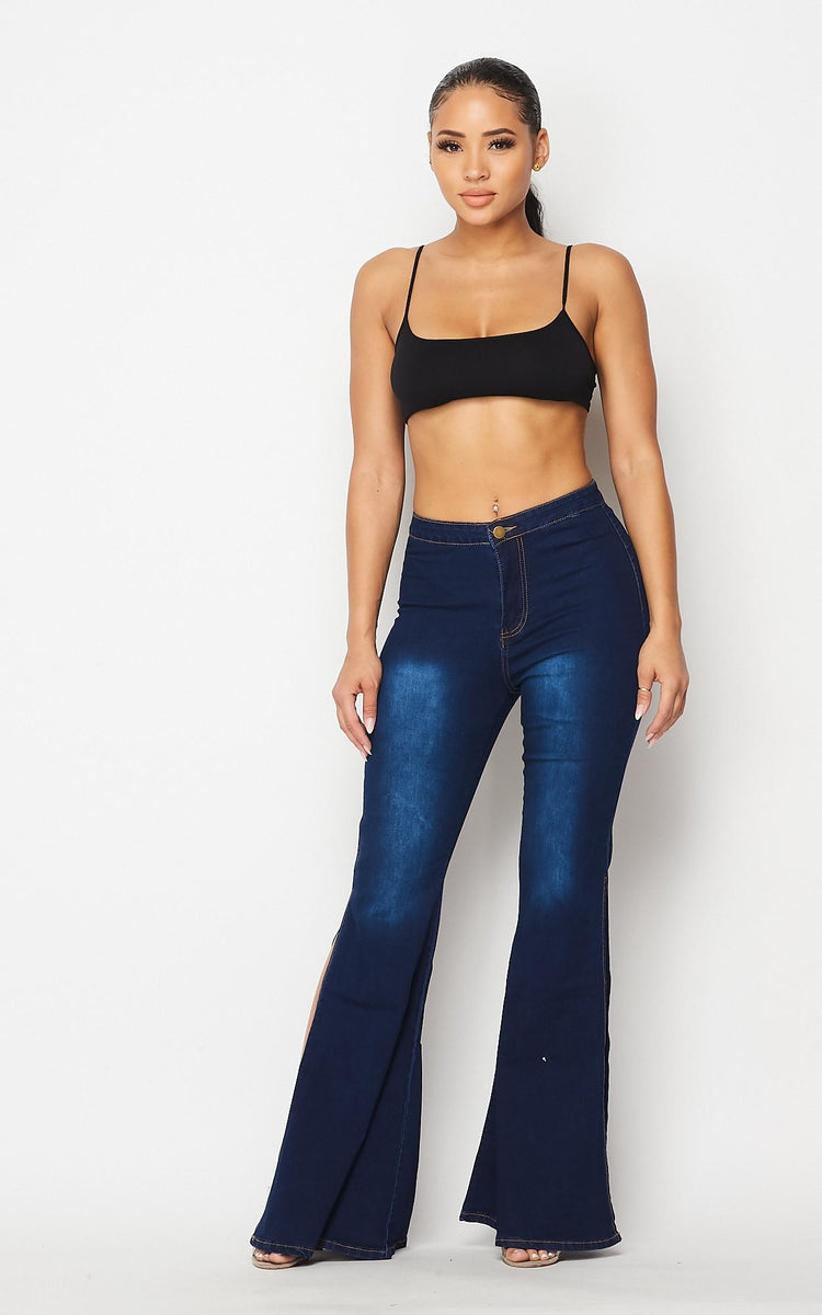 Side Slit Bell Bottom Denim Jeans - Dark Denim – SohoGirl.com