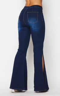 Side Slit Bell Bottom Denim Jeans - Dark Denim - SohoGirl.com