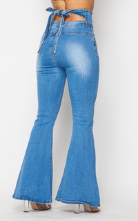 Belted Waist Bell Bottom Jeans - Light Denim - SohoGirl.com
