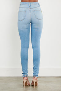 High Waisted Distressed Knee Skinny Jeans - Light Denim - SohoGirl.com