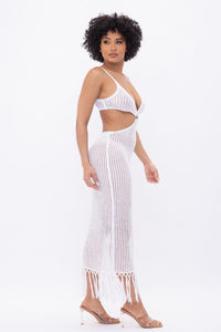 Spaghetti Strap Crocket Maxi Dress W/ Front Cut Outs & Fringes - White - SohoGirl.com