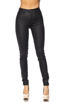 Super High Waisted Faux Leather Stretchy Skinny Jeans - Black - SohoGirl.com