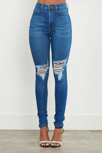 High Waisted Distressed Knee Skinny Jeans - Medium Denim - SohoGirl.com