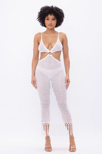 Spaghetti Strap Crocket Maxi Dress W/ Front Cut Outs & Fringes - White - SohoGirl.com