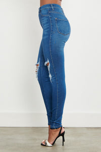 High Waisted Distressed Knee Skinny Jeans - Medium Denim - SohoGirl.com