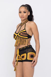 Crochet Print Top W/ Fringes & Matching Shorts - Black Multicolor - SohoGirl.com