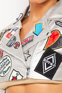 Cropped Faux Leather Jacket W/ Front Patches - Silver - SohoGirl.com
