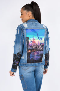 Distressed Medium Denim Jacket W/ New York Print On Back - SohoGirl.com