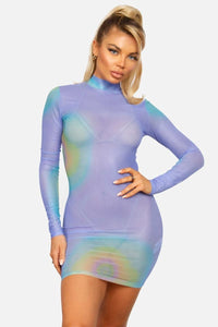 Mesh Mock Neck Long Sleeve Abstract Print Mini Dress - Lavender - SohoGirl.com