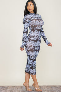 Long Sleeve Sheer Mid Length Print Dress - Black & White - SohoGirl.com