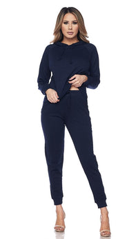 Pouch Pocket Pullover Hoodie and Jogger Set - Navy Blue - SohoGirl.com
