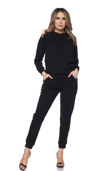 Pouch Pocket Pullover Hoodie and Jogger Set - Black - SohoGirl.com