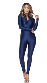 Nylon Spandex Zip-Up Long Sleeve Jumpsuit - Royal Blue - SohoGirl.com