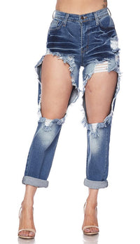 High Waisted Cut Out Ripped Mom Jeans- Blue - SohoGirl.com