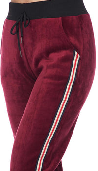 Velour Side Stripe Drawstring Track Pants - Burgundy - SohoGirl.com