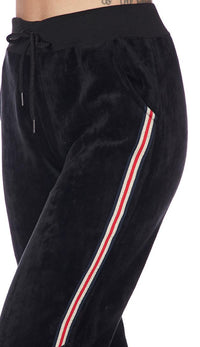 Velour Side Stripe Drawstring Track Pants - Black - SohoGirl.com