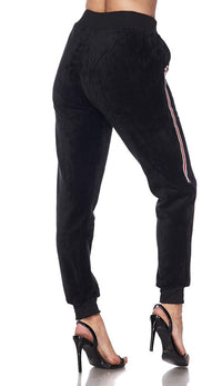Velour Side Stripe Drawstring Track Pants - Black - SohoGirl.com