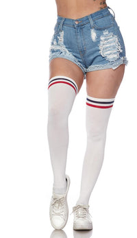 Two Striped Thigh High Socks - White - SohoGirl.com