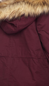 Quilted Lining Sherpa Trim Hooded Parka Coat - Burgundy - SohoGirl.com