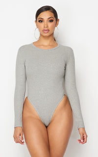 Long Sleeve Ribbed Bodysuit in Gray - SohoGirl.com