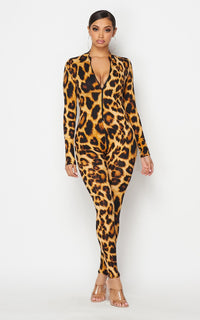 Front Zip-Up Leopard Print Jumpsuit - SohoGirl.com